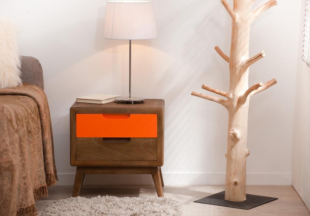 Table de chevet 2 tiroirs cannelle Orange Vintage Bois 45cm LUCIEN