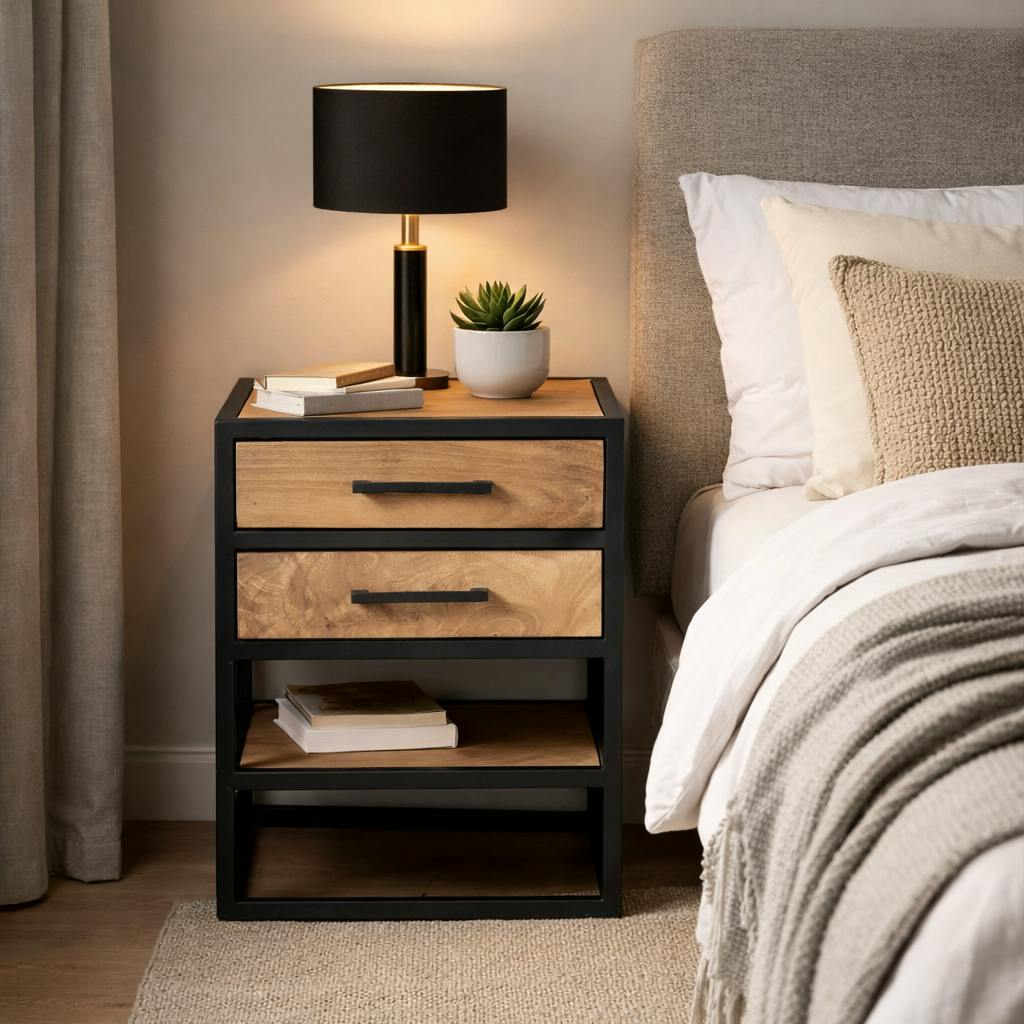 Table de chevet 2 tiroirs en bois clair moderne MILORA