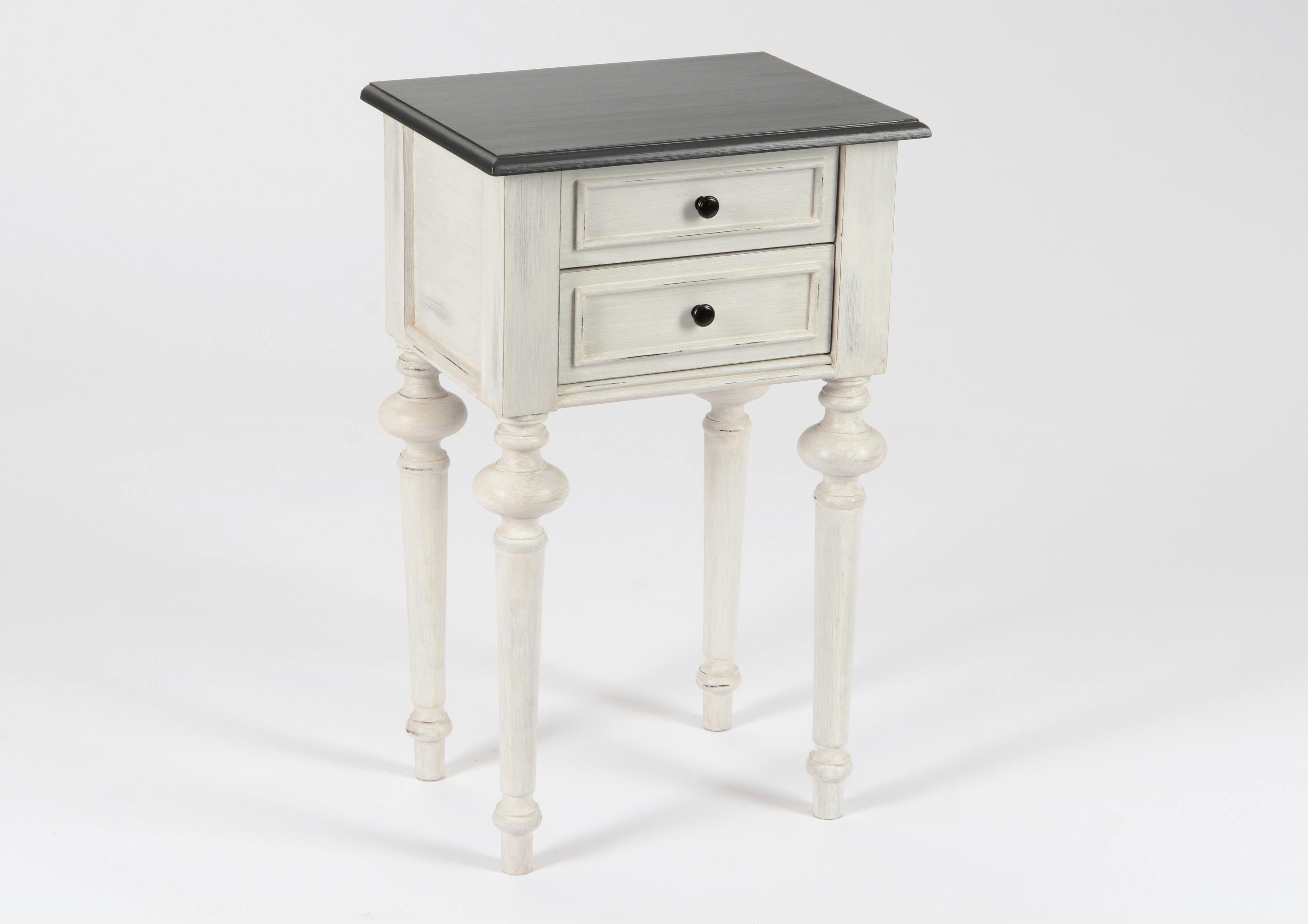 Table de chevet Baroque 2 tiroirs HERITAGE bois blanchi plateau anthracite 40x30x65cm AMADEUS
