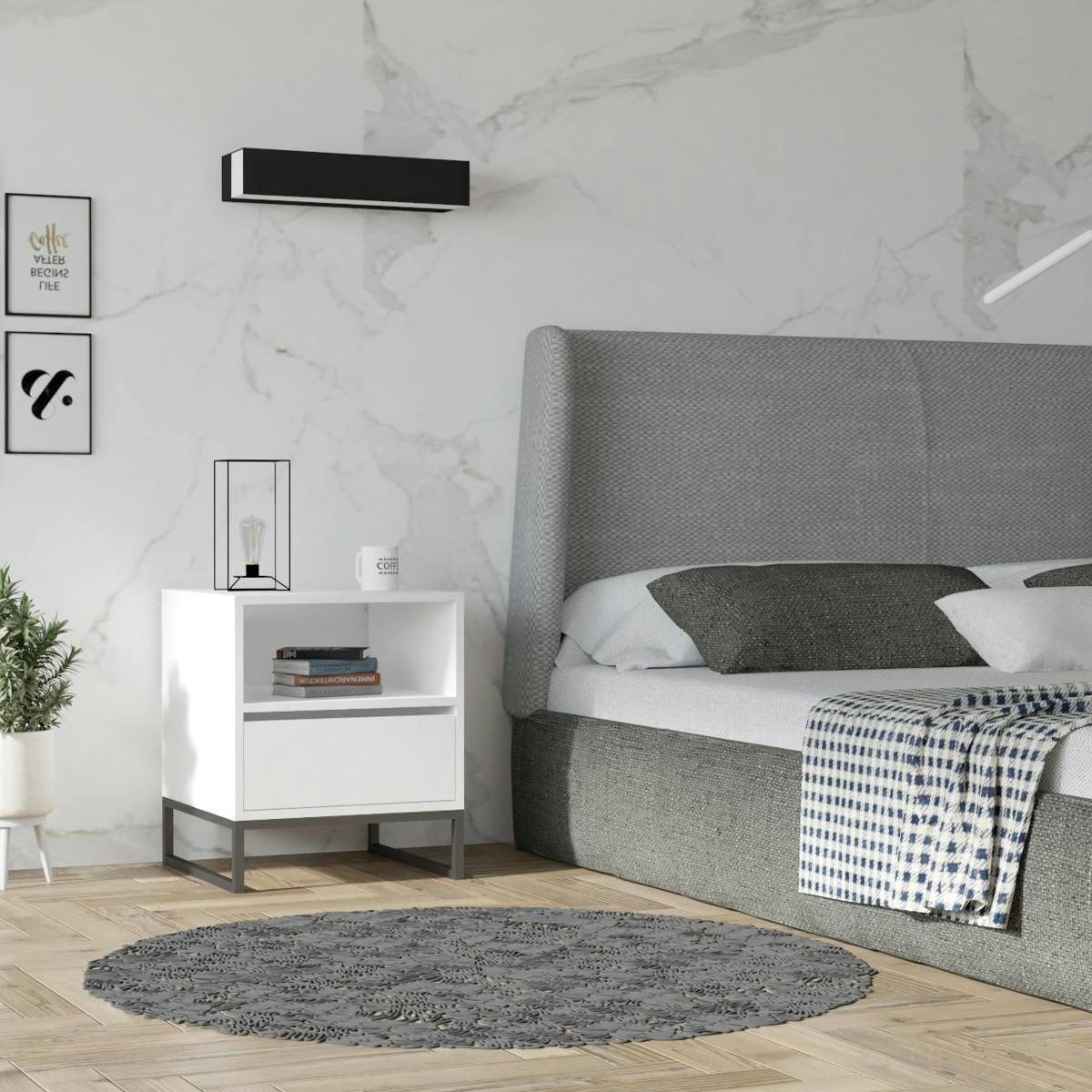 Table de chevet blanche moderne 1 tiroir 1 niche JENA