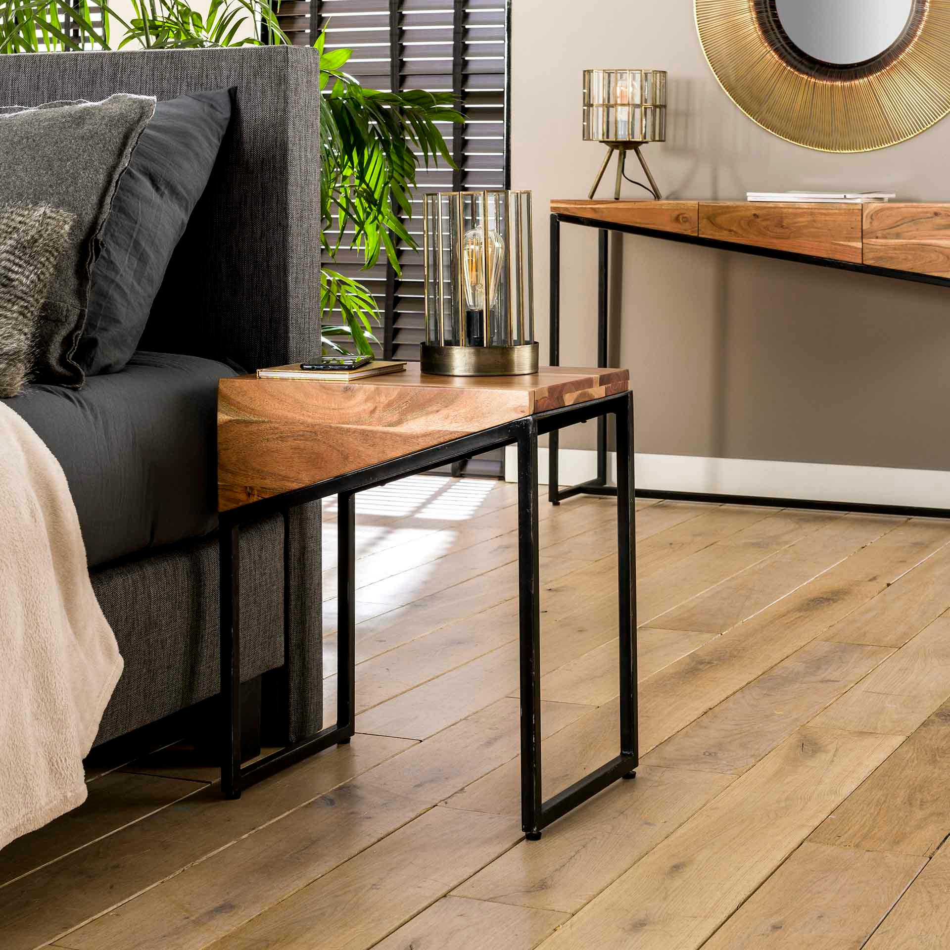 Table de chevet bois d'acacia 1 tiroir (lot de 2 tables, gauche et droite, pour lit 2 personnes) MELBOURNE