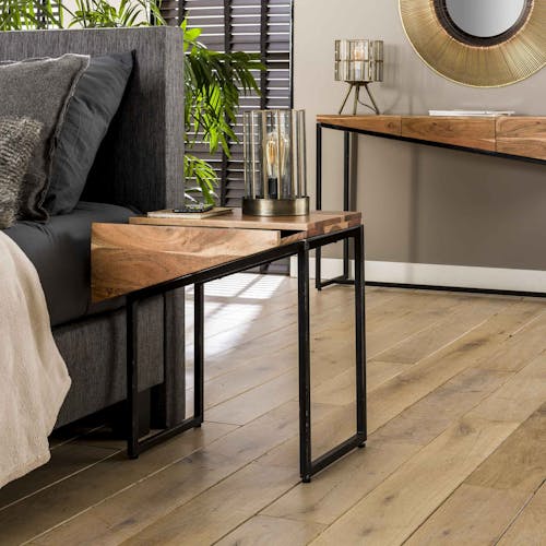 Table de chevet bois d'acacia 1 tiroir (lot de 2 tables, gauche et droite, pour lit 2 personnes) MELBOURNE