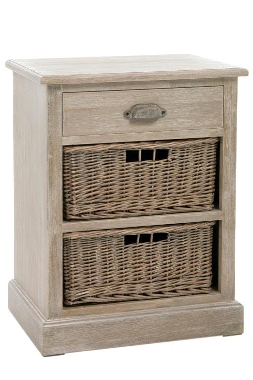 Table de chevet bois naturel patiné grisé blanchi 1 tiroir et 2 paniers amovibles L45xP36xH60cm PAOLIA