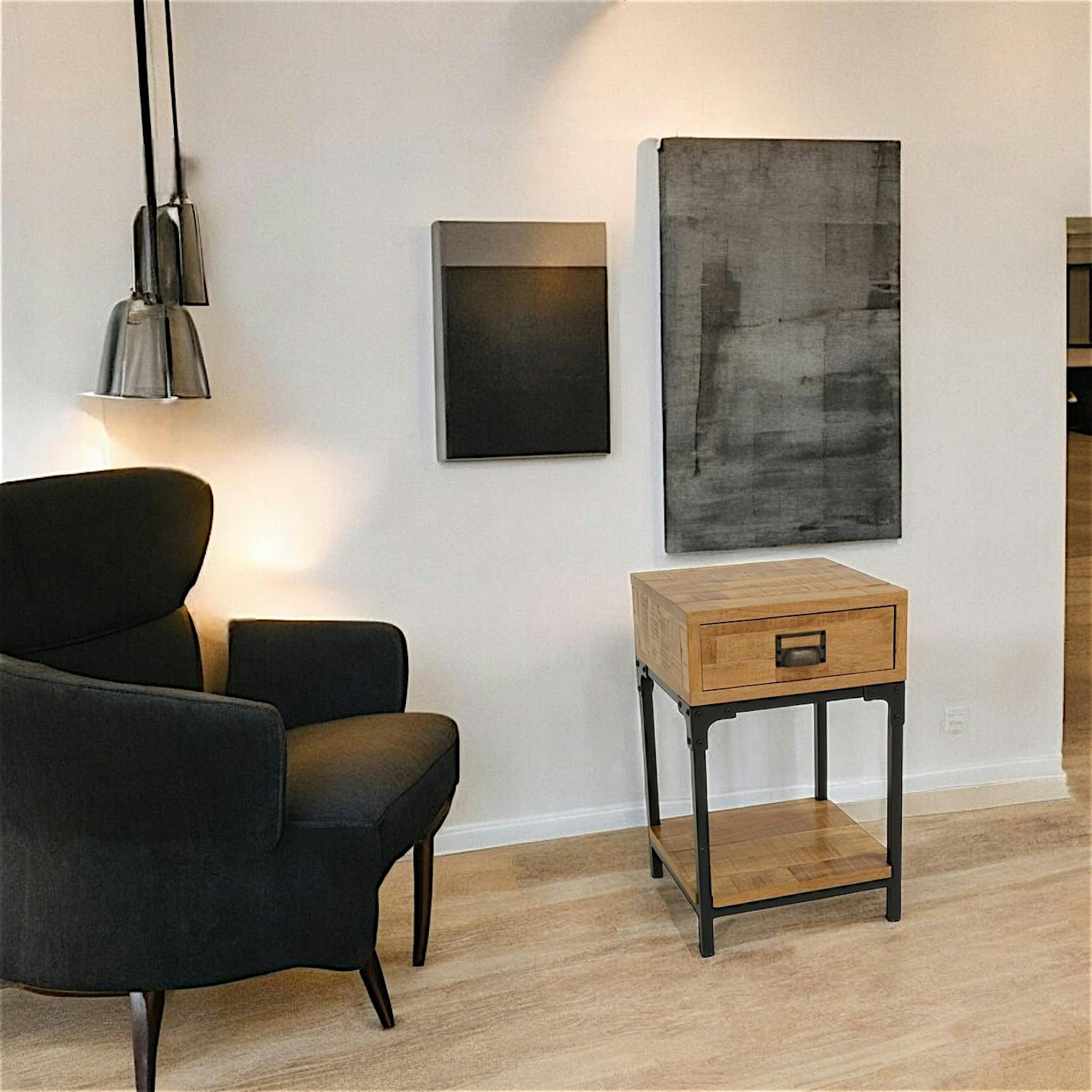 Table de Chevet / Bout de Canapé 1 tiroir, 1 plateau bas en Hévéa recyclé naturel et métal 35x35x55cm LOFT