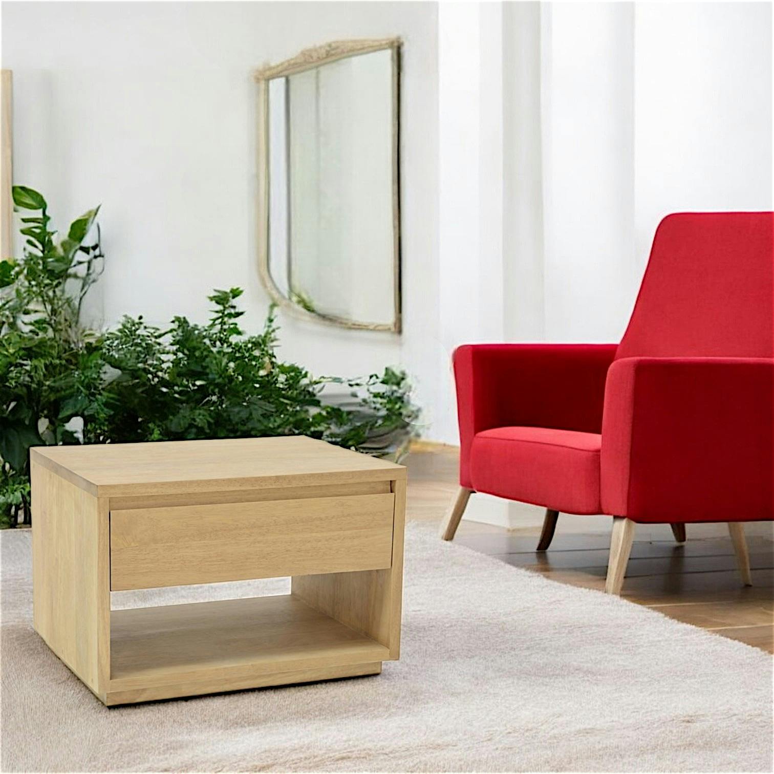 Table de Chevet / Bout de Canapé Hévéa 1 tiroir, 1 niche basse 55x40x40cm BALTIC