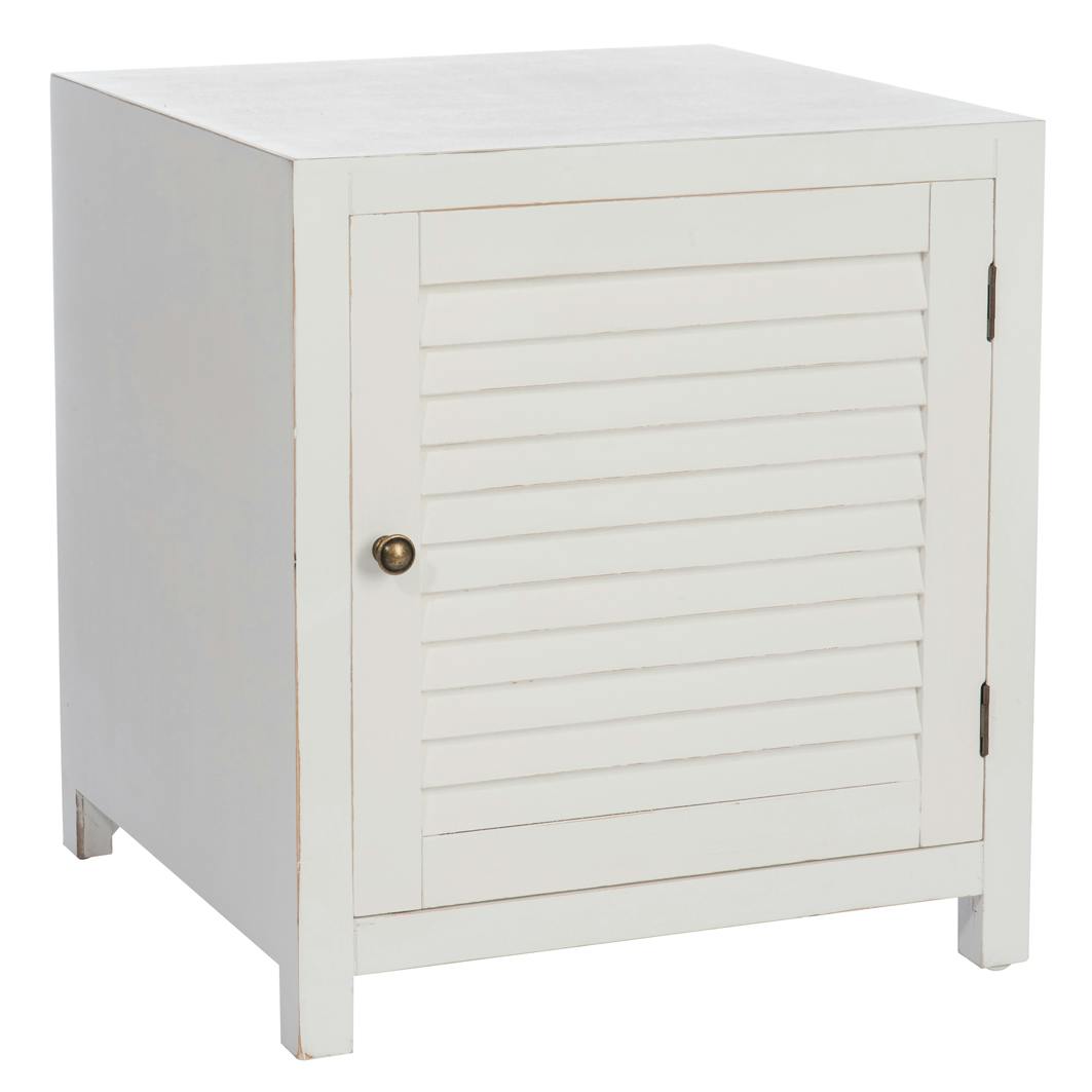 Table de chevet en bois blanc 1 porte en lattes, 50x50x55cm