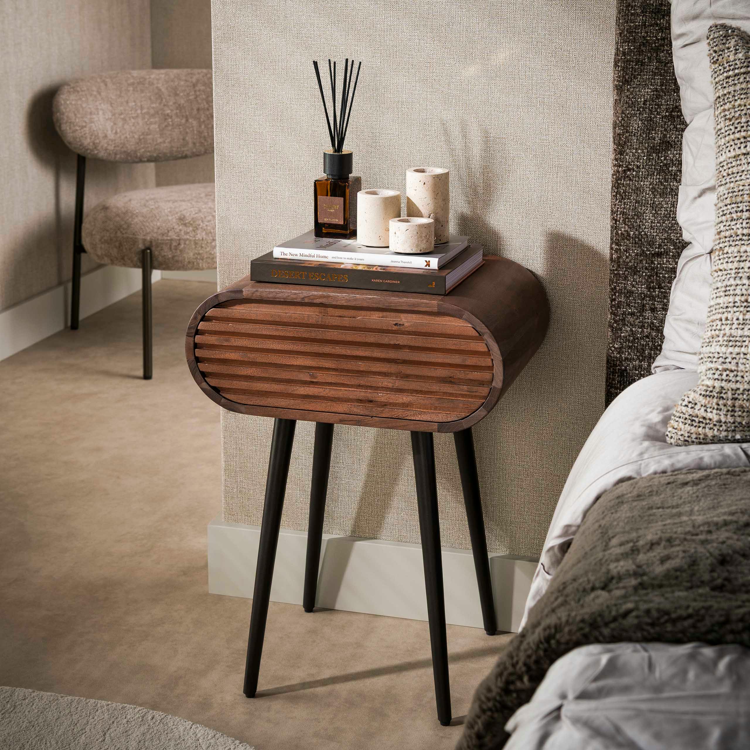 Table de chevet en bois d'acacia foncé 1 tiroir NAKO