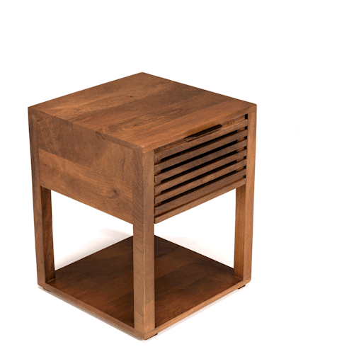 Table de chevet en bois double plateau 1 tiroir façade ajourée KANHA