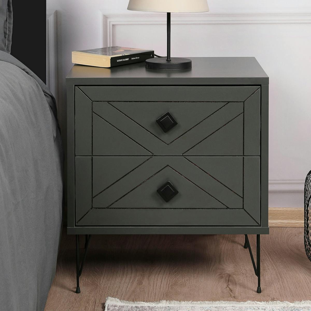 Table de chevet gris sombre 2 tiroirs pieds épingle JENA