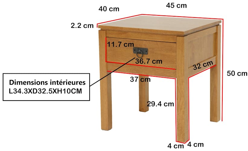 Table de Chevet Hévéa 1 tiroir 45x40x50cm HELENA