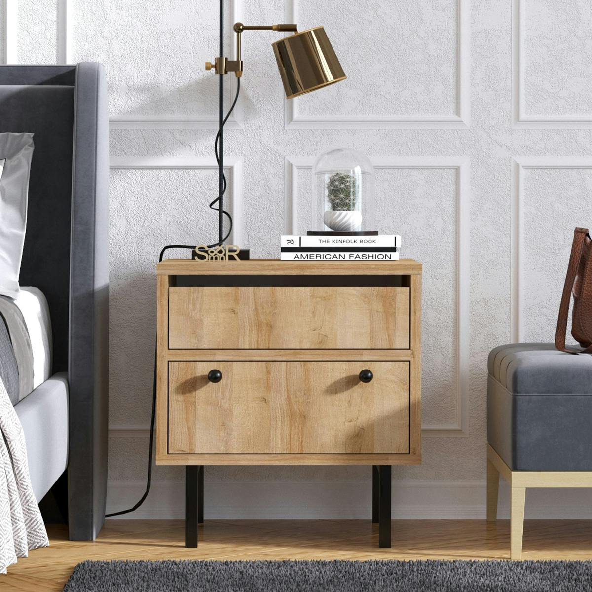 Table de chevet moderne décor bois 1 tiroir 1 porte MARFA