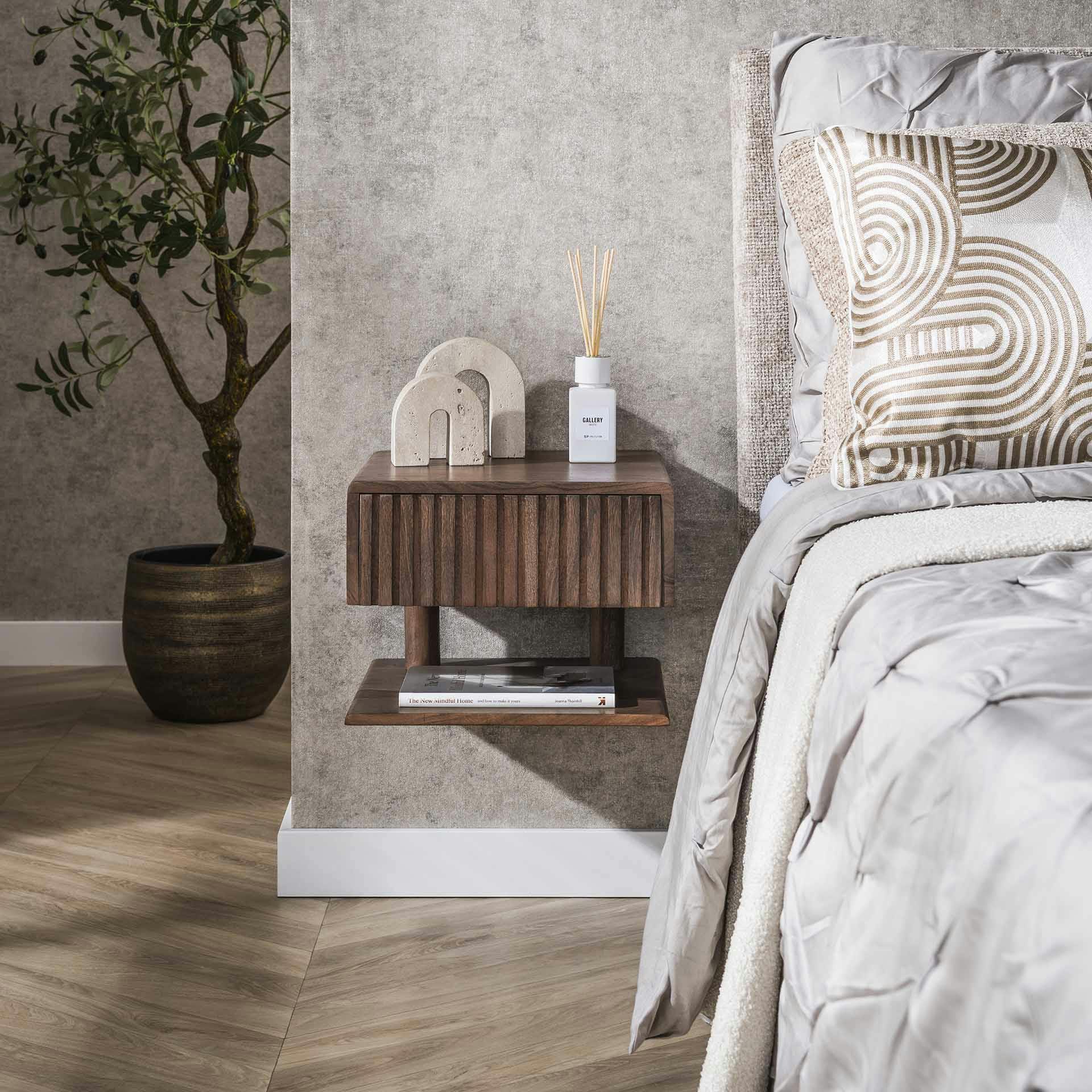 Table de chevet murale bois brun, tiroir & étagère NAKO