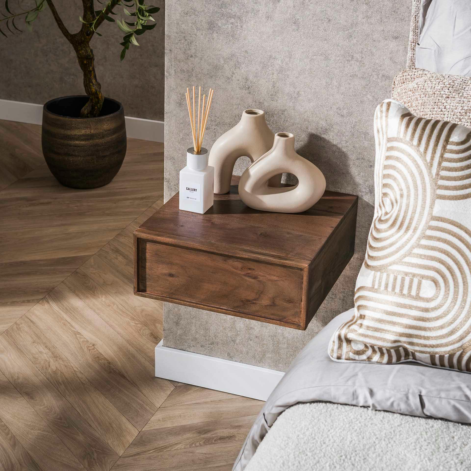 Table de chevet murale bois brun, tiroir mouluré (x2) NAKO