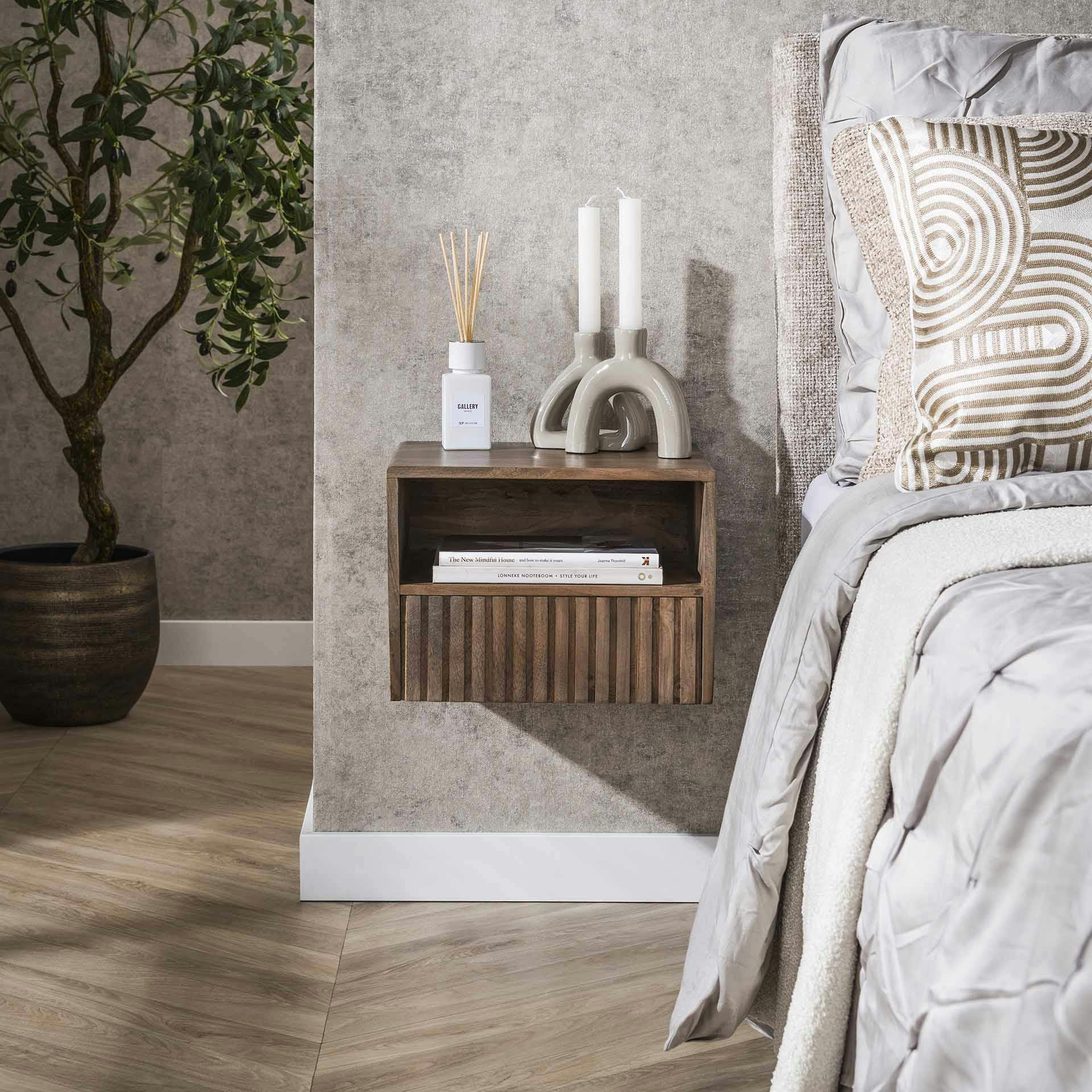 Table de chevet murale bois brun, tiroir & niche NAKO