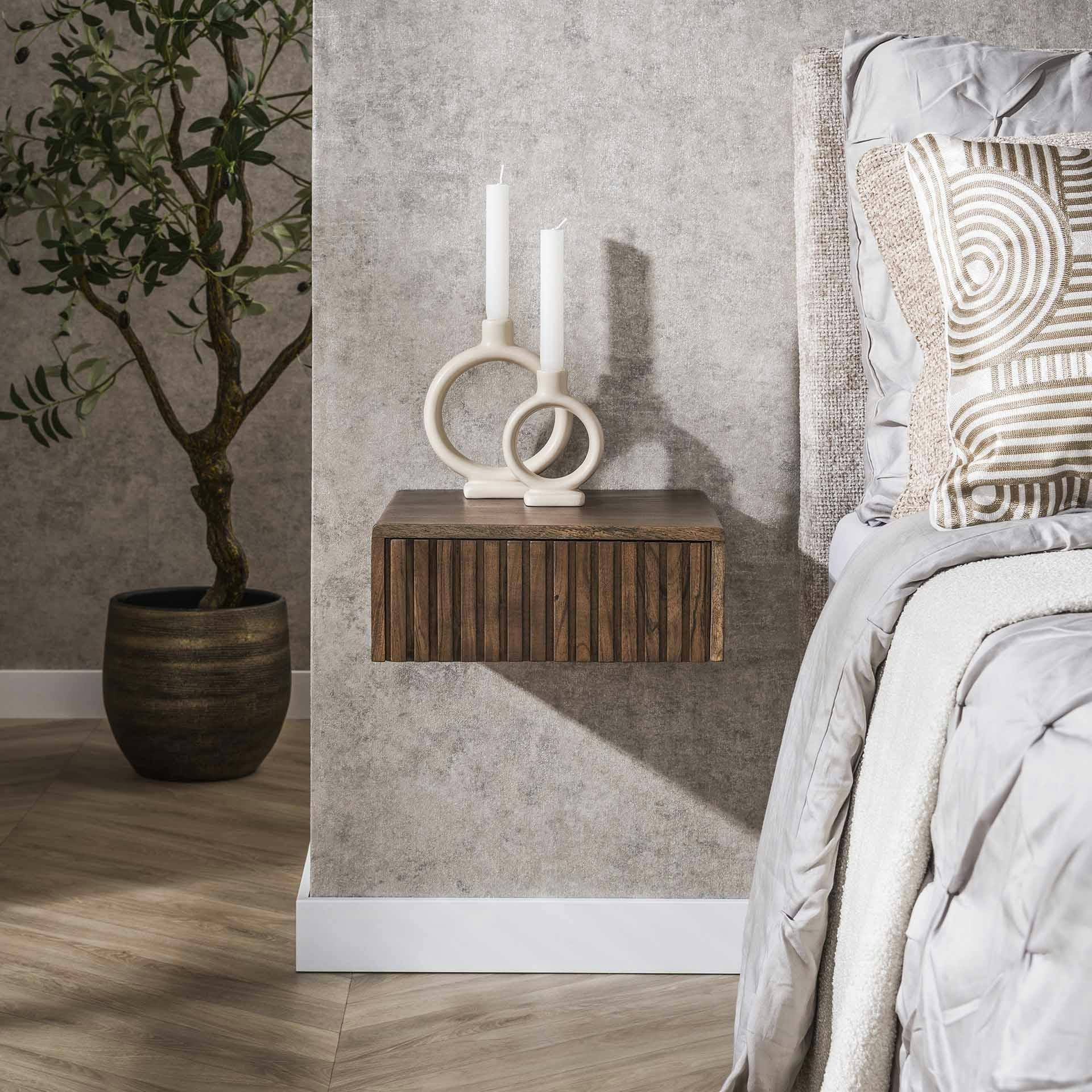 Table de chevet murale bois brun, tiroir rainuré (x2) NAKO