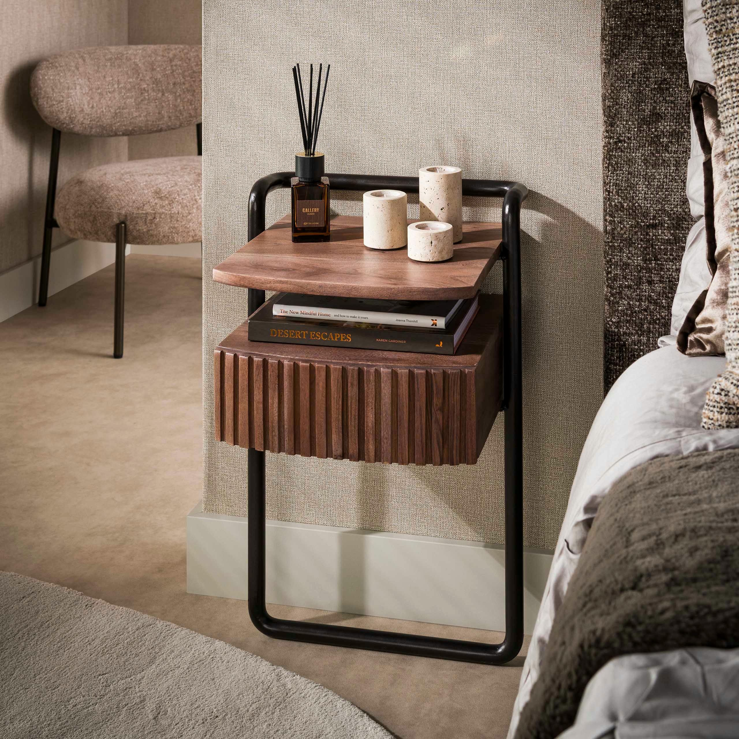 Table de chevet murale bois foncé 1 tablette 1 tiroir NAKO