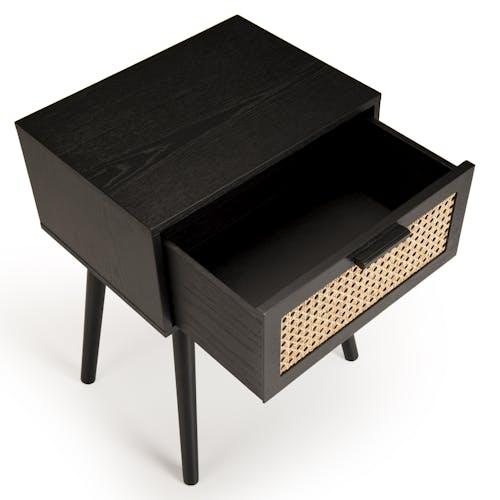 Table de chevet noir tiroir cannage PALMA 2
