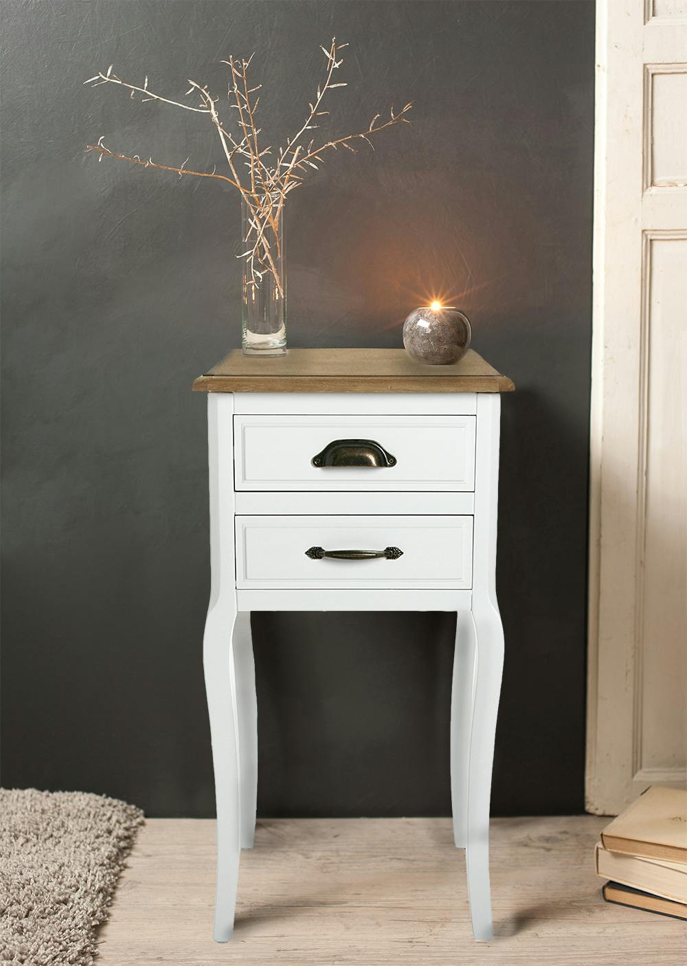 Table de Chevet Romantique 2 tiroirs en bois blanc et plateau bois naturel, aux poignées mixées, pieds galbés 37x35x69cm CALINE
