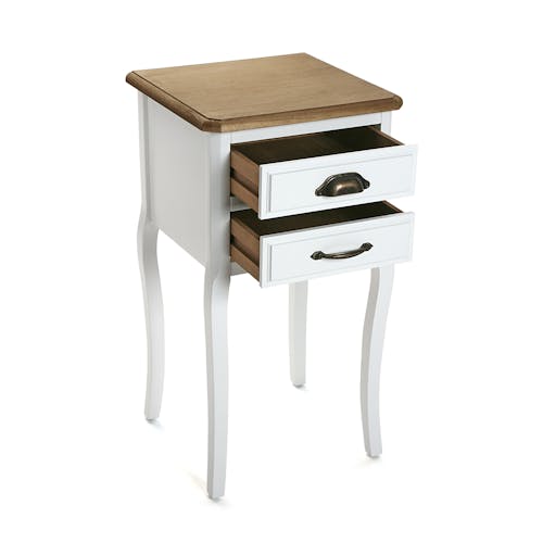 Table de Chevet Romantique 2 tiroirs en bois blanc et plateau bois naturel, aux poignées mixées, pieds galbés 37x35x69cm CALINE