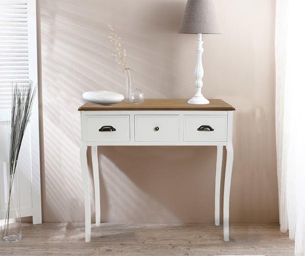 Table de Chevet Romantique 3 tiroirs en bois blanc et plateau bois naturel, aux poignées mixées, pieds galbés 48x35x69cm CALINE