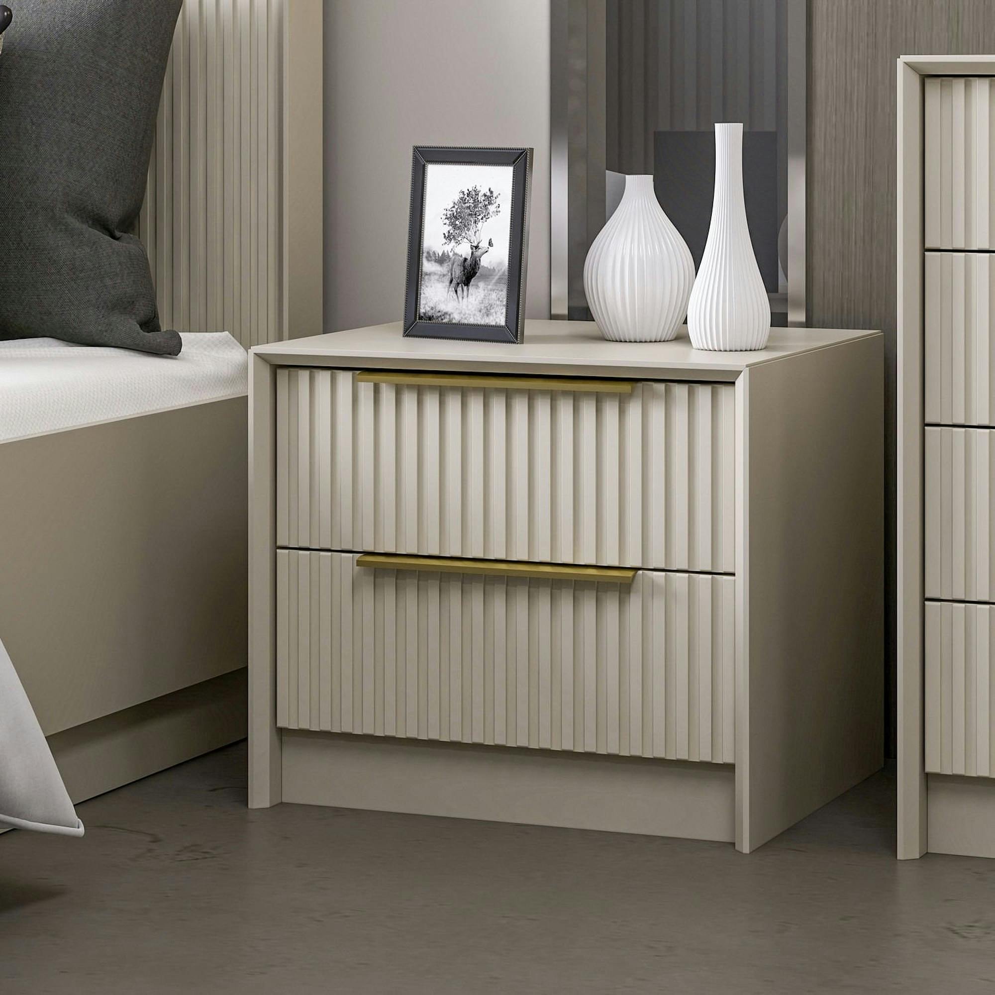 Table de chevet taupe 2 tiroirs rainurés, style moderne BYRON