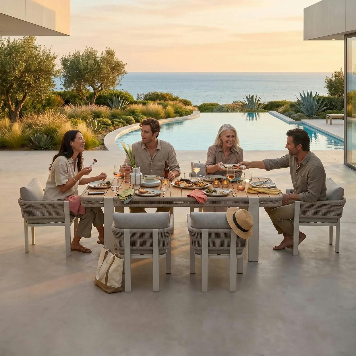 Table de jardin + 6 chaises en teck et aluminium BORROMEO