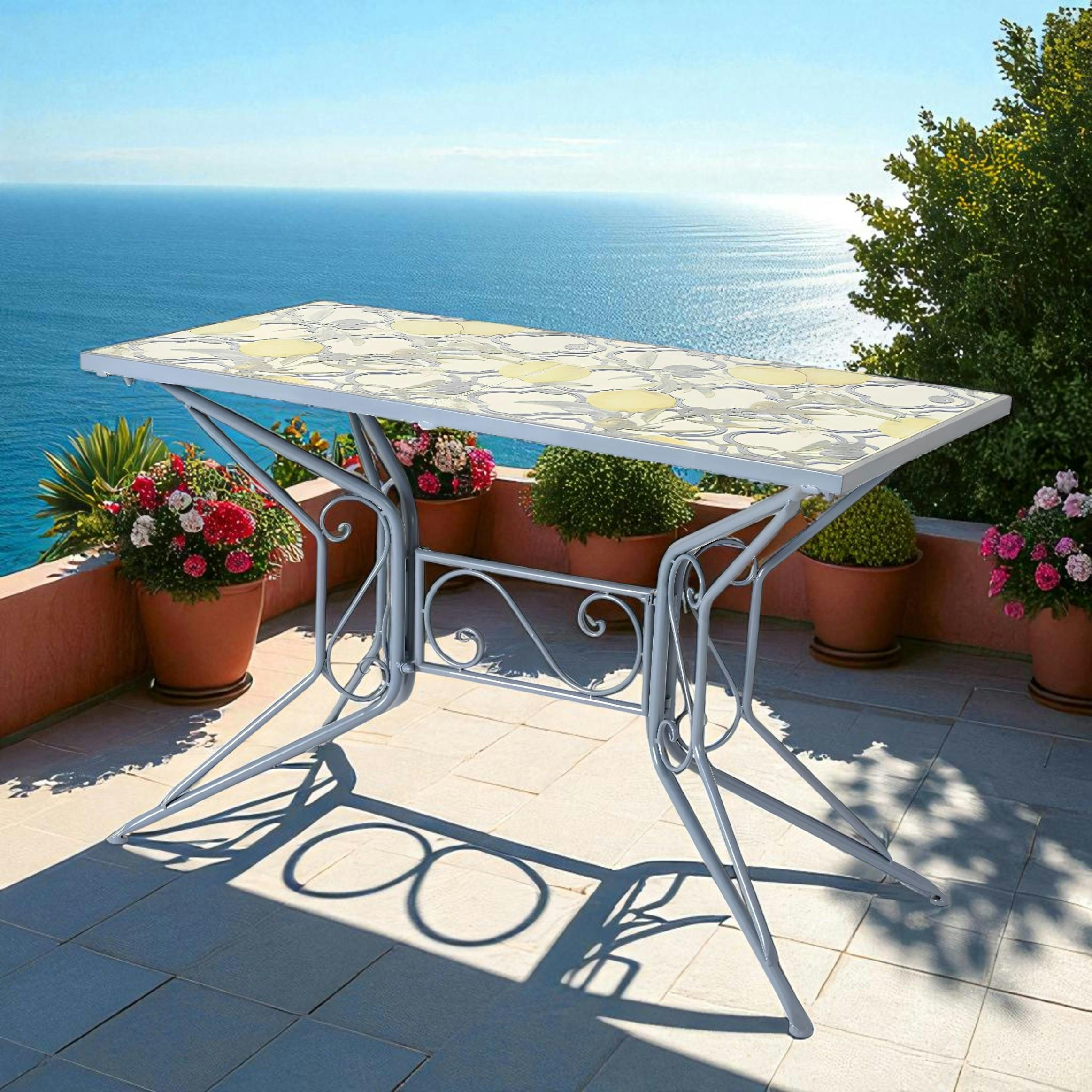 Table de jardin bleue décor mosaïque citrons 118 cm GRENADE