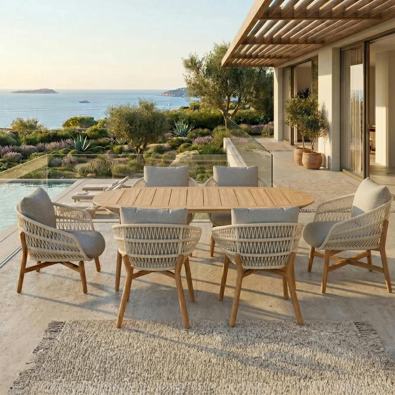 Table de jardin en teck + 6 fauteuils cordage VASCA