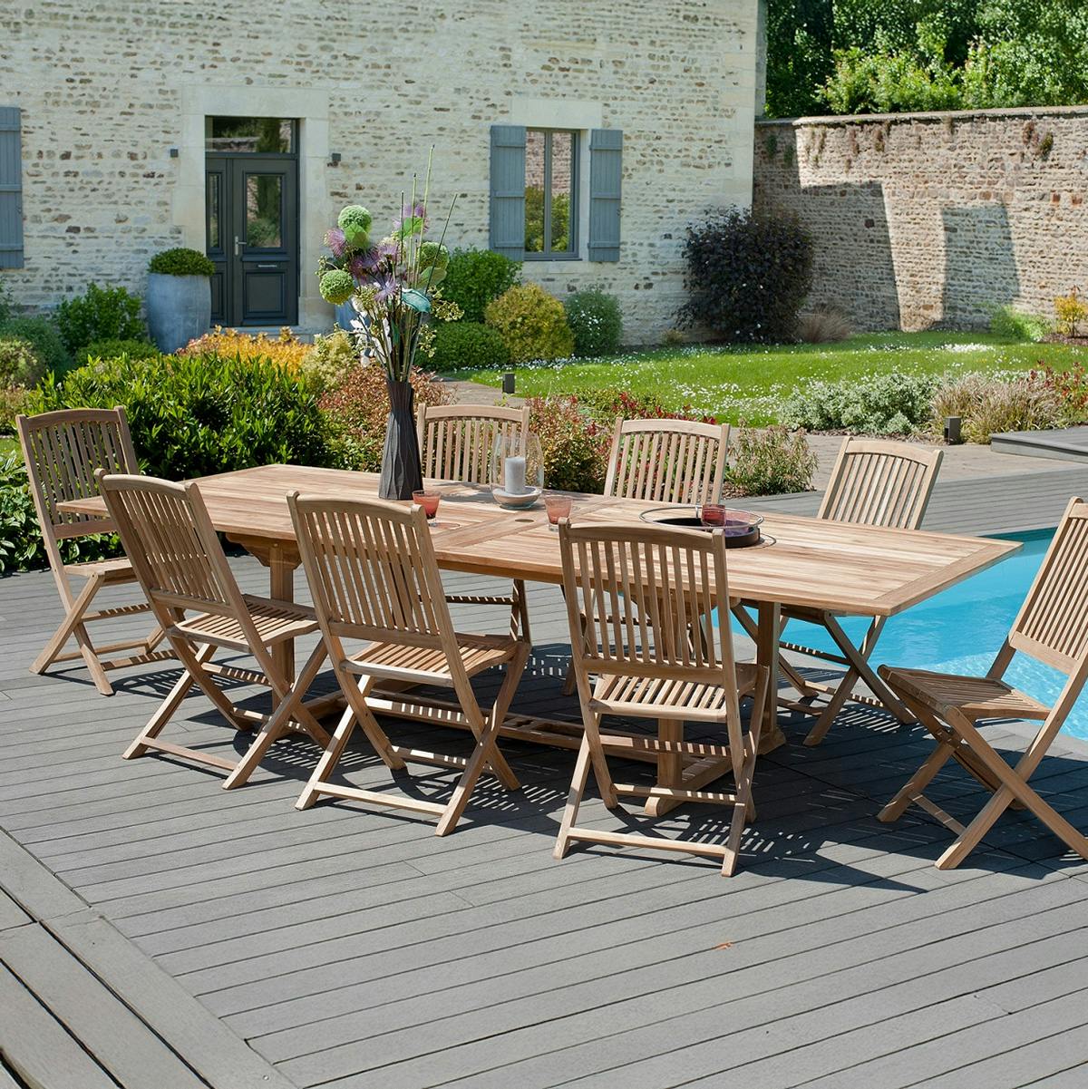 Table de jardin en teck brut rectangle extensible 200/300x120x76cm SUMMER