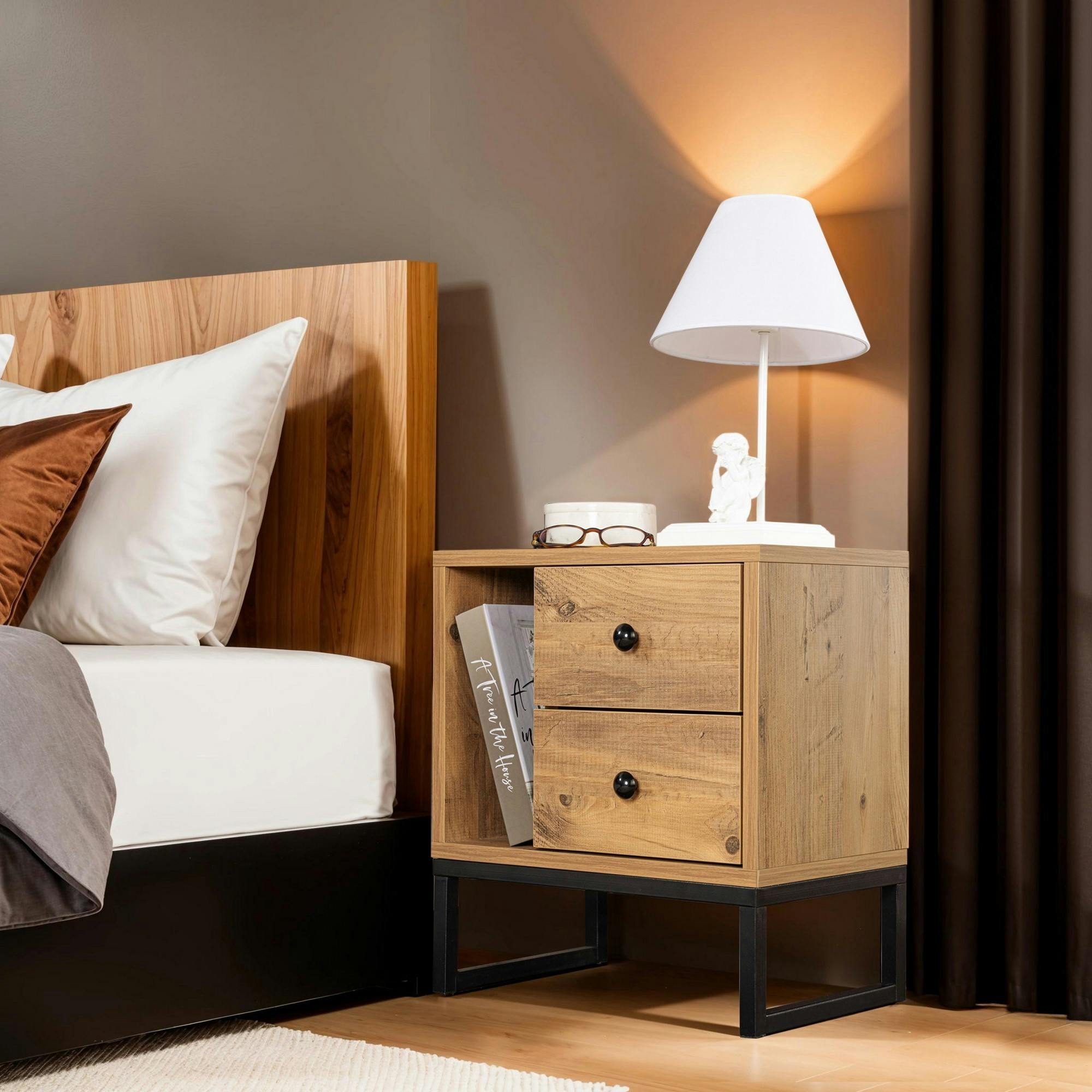 Table de nuit 2 tiroirs 1 niche, effet bois de pin JENA