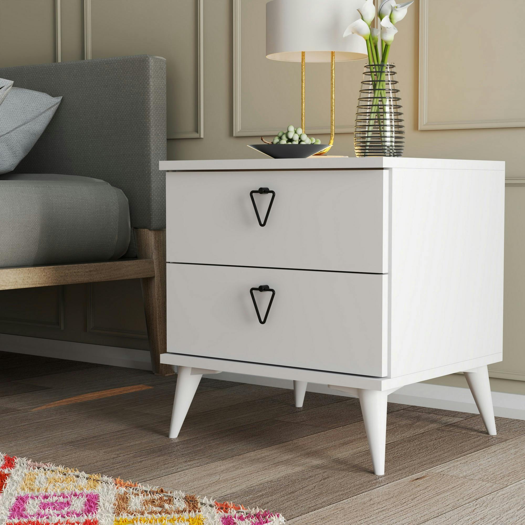 Table de nuit blanche 2 tiroirs avec poignées triangle MARFA