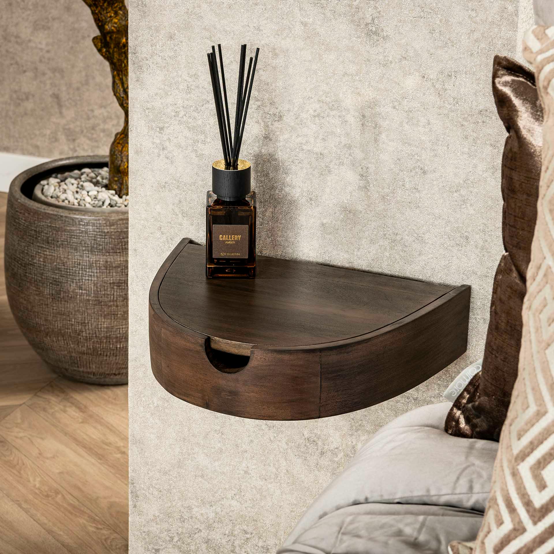 Table de nuit murale bois brun, tiroir demi-lune (x2) NAKO