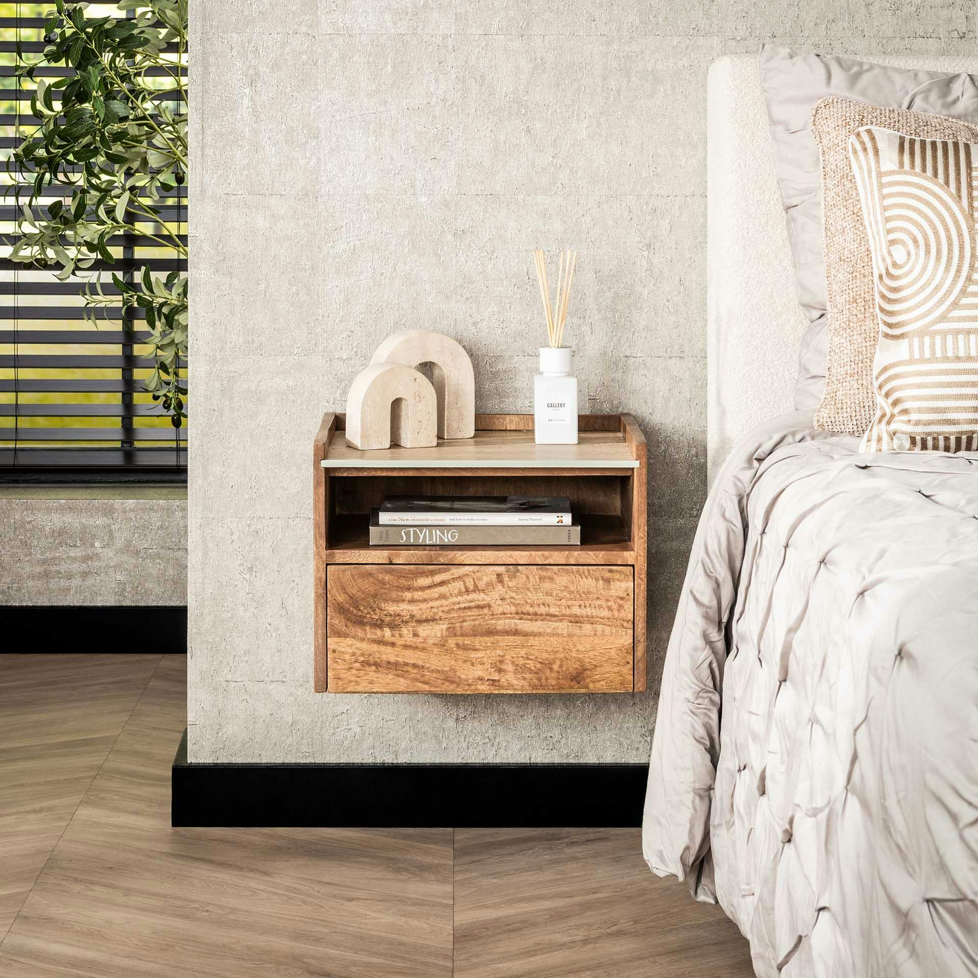 Table de nuit murale en bois et céramique, 1 niche et 1 tiroir ASCOLI