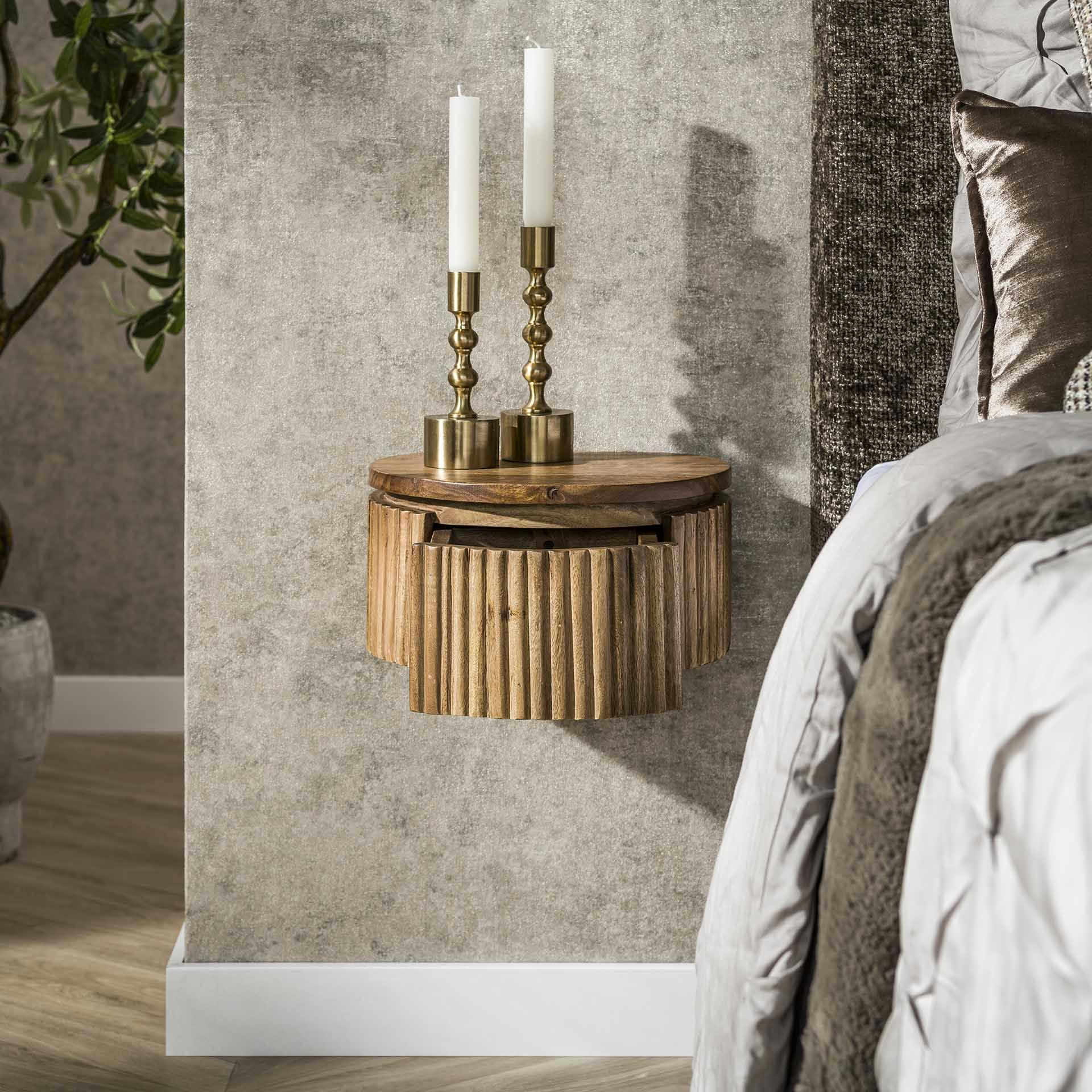 Table de nuit murale en bois rainuré – ronde, 30 cm DELHI