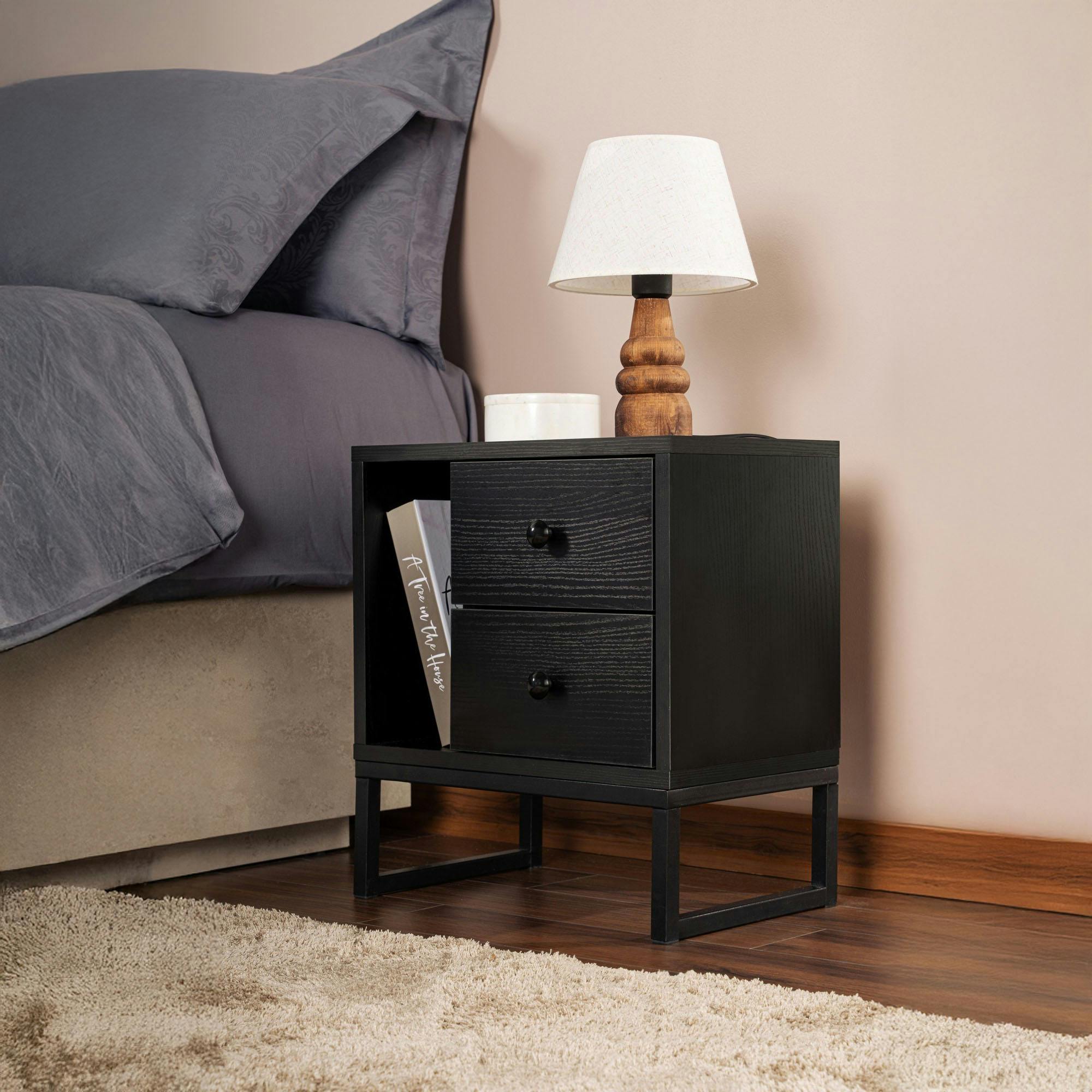 Table de nuit noire effet bois - 2 tiroirs, 1 niche JENA