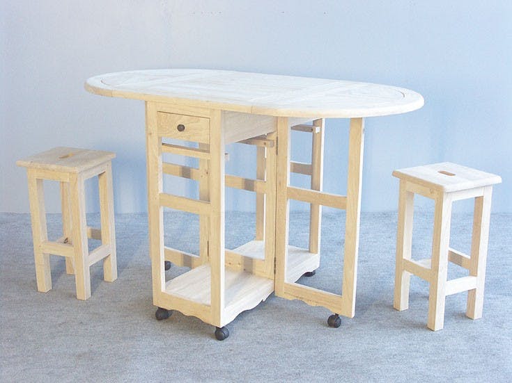 Table de repas à roulettes Hévéa 2 tiroirs + 2 tabourets 75x60x85cm TRADITION