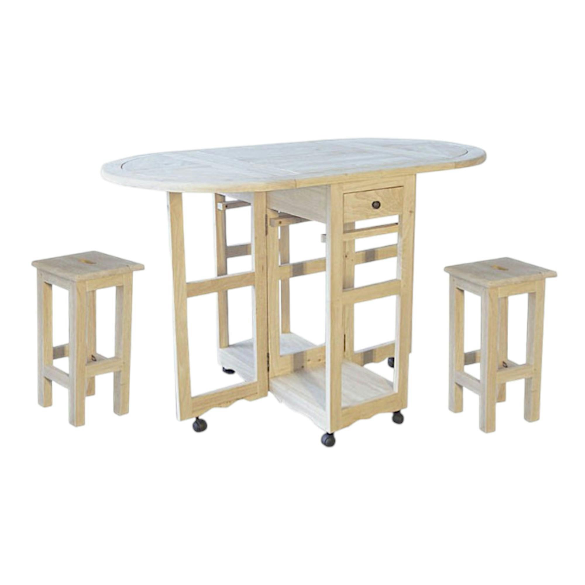 Table de repas à roulettes Hévéa pliante + 2 tabourets TRADITION