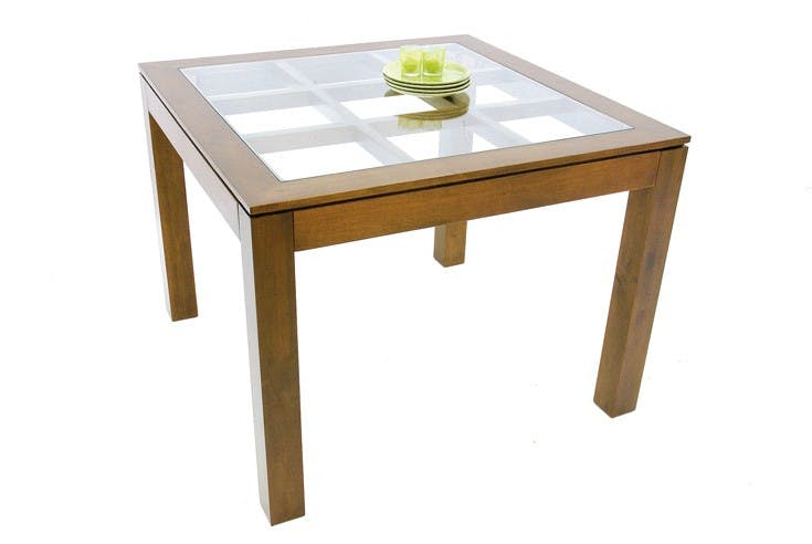 Table de repas carrée Hévéa avec plateau verre posé sur quadrillage bois 100x100x76cm HELENA