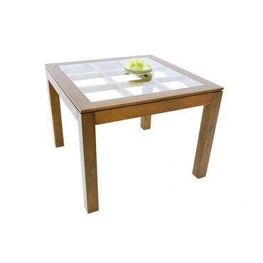  Table de repas carrée Hévéa avec plateau verre posé sur quadrillage bois 100x100x76cm HELENA