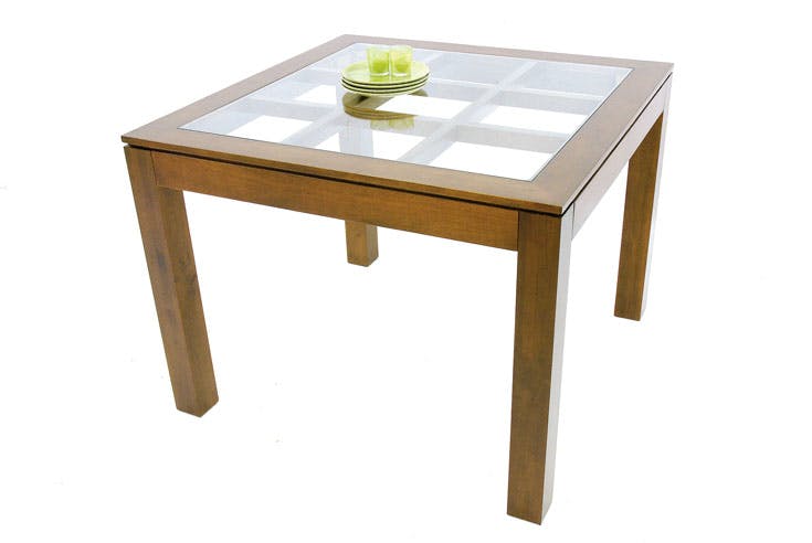 Table de repas carrée Hévéa avec plateau verre posé sur quadrillage bois 100x100x76cm HELENA