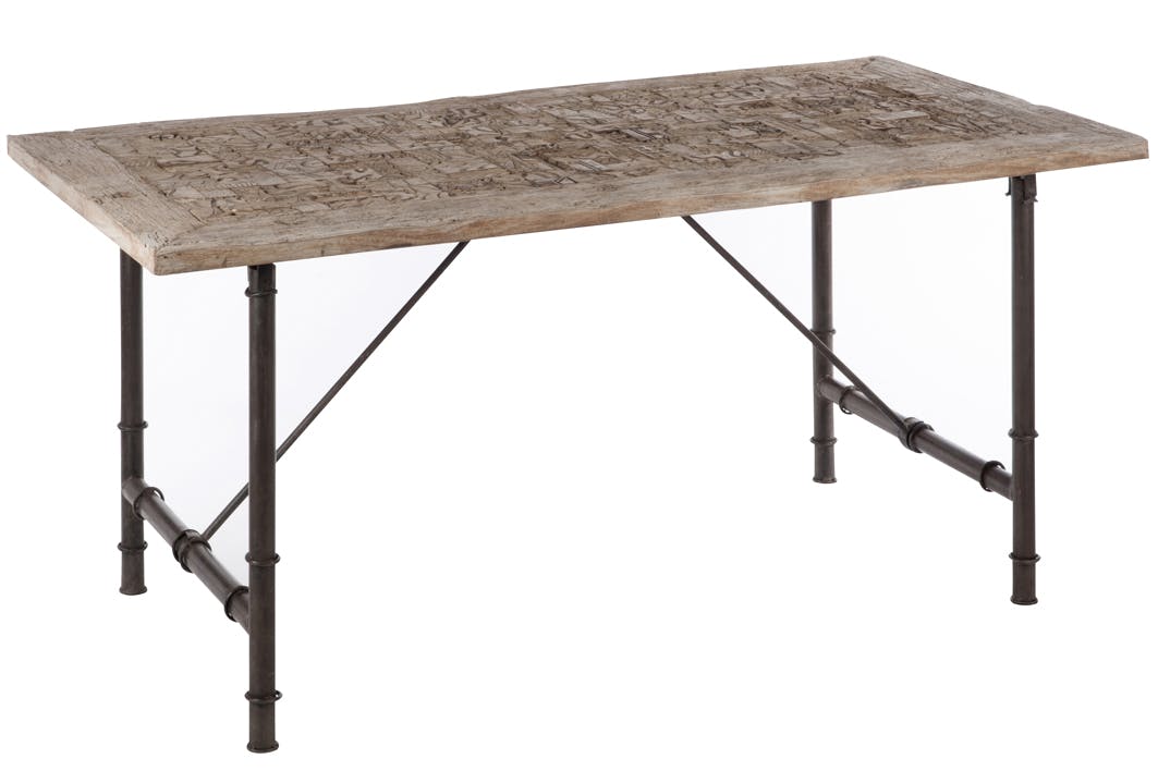 Table de repas exotique, bois gris à motifs et métal 180x90x75cm