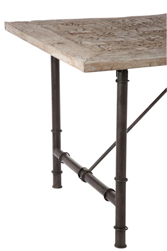 Table de repas exotique, bois gris à motifs et métal 180x90x75cm
