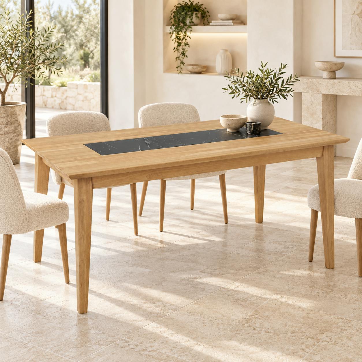 Table de repas extensible chêne blanc décor graphique ESSEN