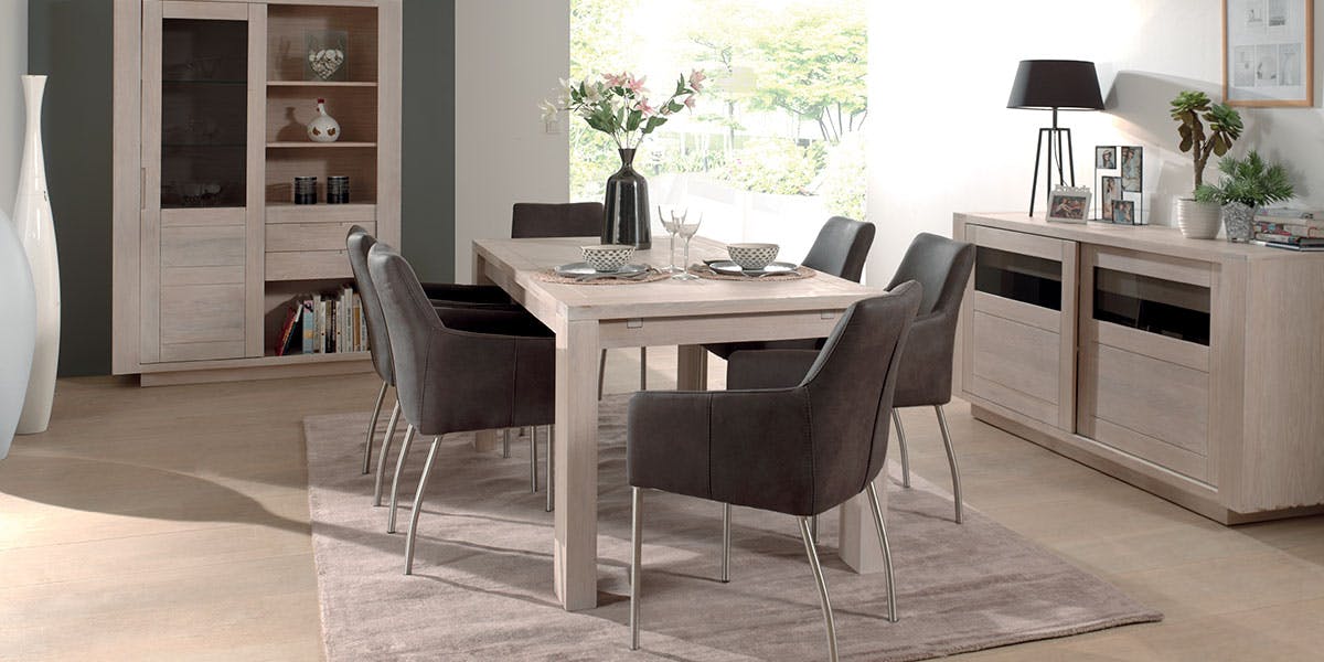 Table de repas extensible Chêne massif ciré blanchi 180/260x90x76cm MANILLE