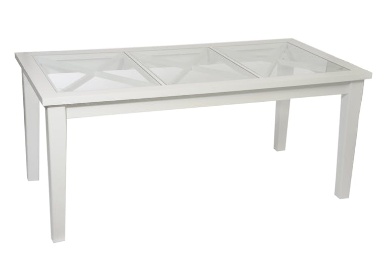 Table de repas pin blanc et plateau verre avec croisillons 180x90x78cm