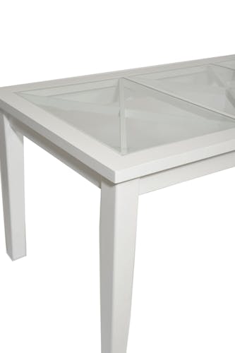 Table de repas pin blanc et plateau verre avec croisillons 180x90x78cm