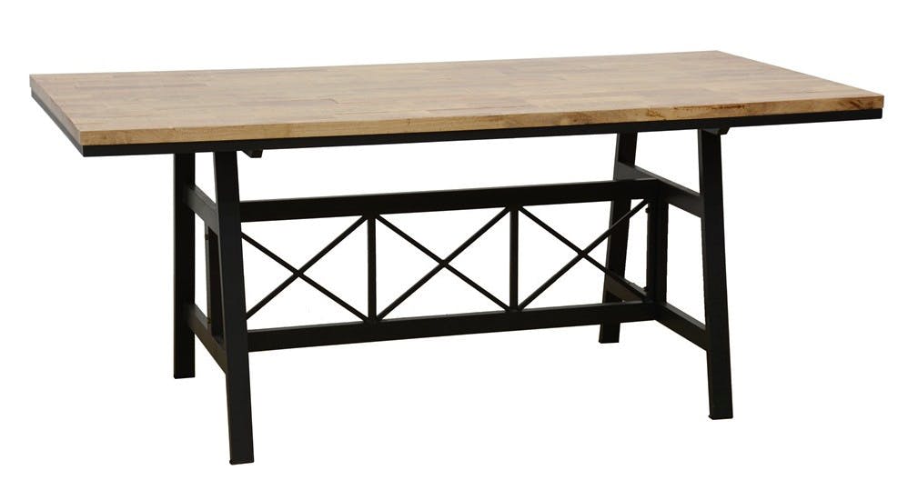 Table de Repas plateau en Hévéa recyclé naturel et pieds métal avec croisillons 180x90x76cm LOFT