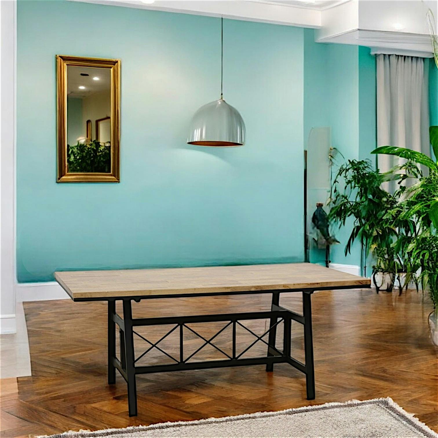 Table de Repas plateau en Hévéa recyclé naturel et pieds métal avec croisillons 180x90x76cm LOFT