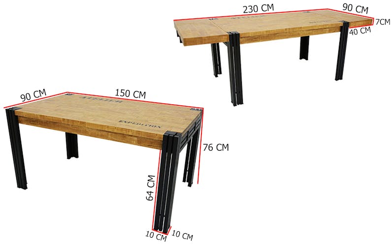Table de repas rectangle extensible hévéa recyclé naturel et métal noirci 150/230X90X76cm DOCKER