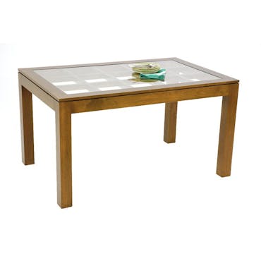  Table de repas rectangle Hévéa avec plateau verre posé sur quadrillage bois 138,5x89,5x76cm HELENA